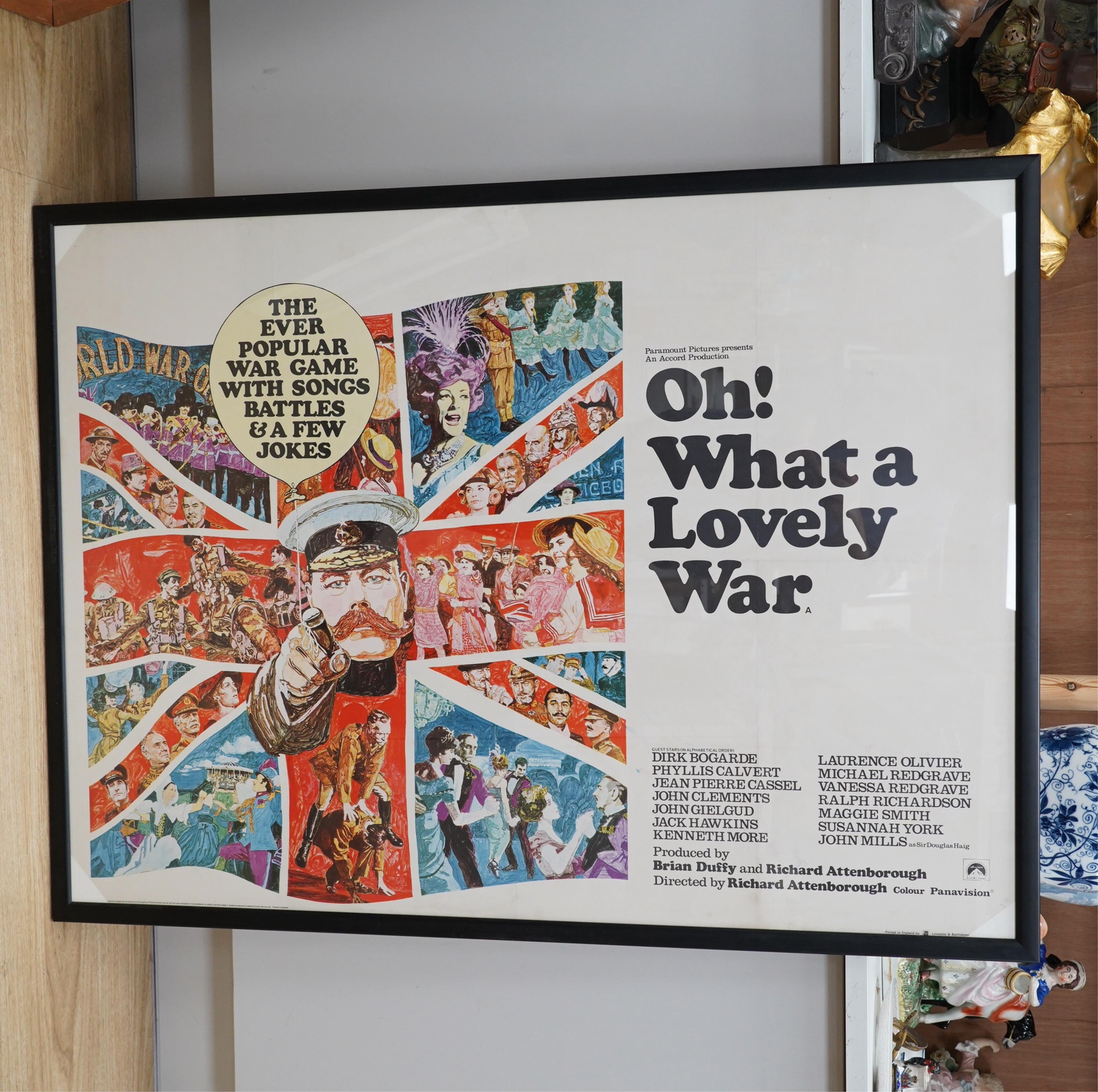 Four framed vintage film posters including ‘Oh! What a Lovely War’ printed in England by Lonsdale & Bartholomew and one reproduction, largest 75cm x 100cm. Condition - fair